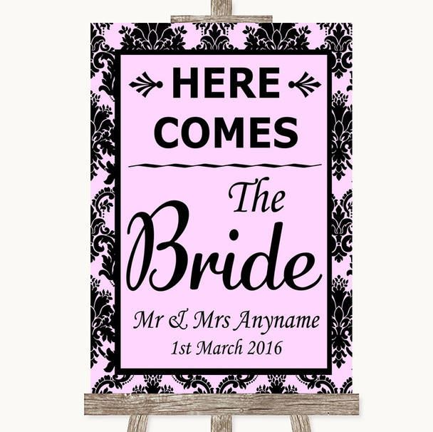 Baby Pink Damask Here Comes Bride Aisle Sign Customised Wedding Sign