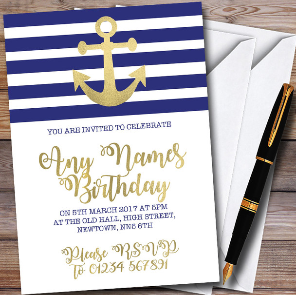 Gold Blue & White Nautical Anchor Customised Children's Party Invitations