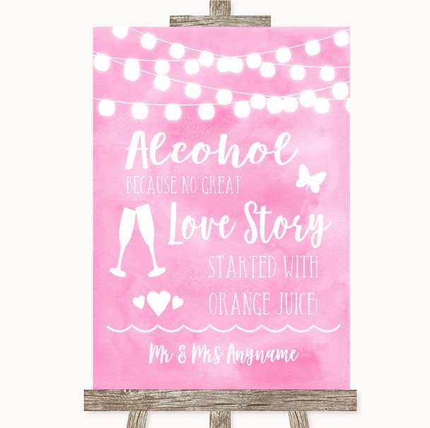 Baby Pink Watercolour Lights Alcohol Bar Love Story Customised Wedding Sign