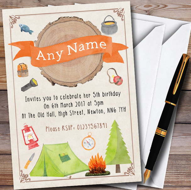 Log Watercolour Camping Bonfire Customised Children's Party Invitations
