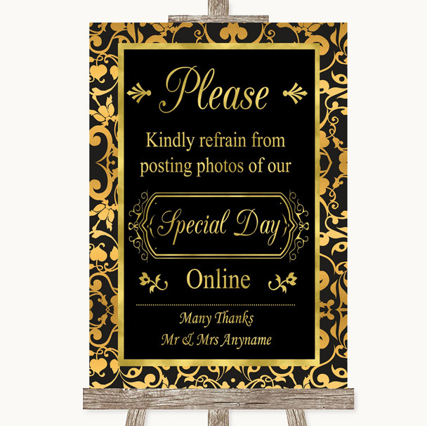 Black & Gold Damask Don't Post Photos Online Social Media Wedding Sign