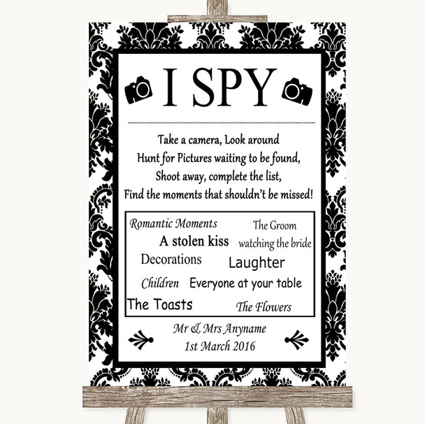 Black & White Damask I Spy Disposable Camera Customised Wedding Sign