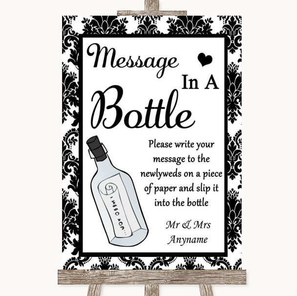 Black & White Damask Message In A Bottle Customised Wedding Sign
