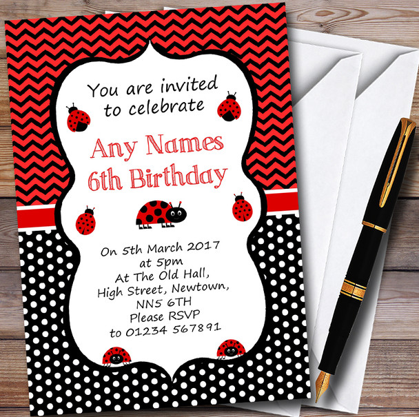 Spots & Chevrons Ladybird Ladybug Customised Children's Party Invitations