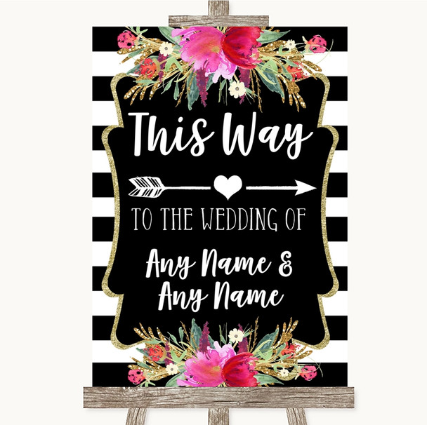 Black & White Stripes Pink This Way Arrow Right Customised Wedding Sign