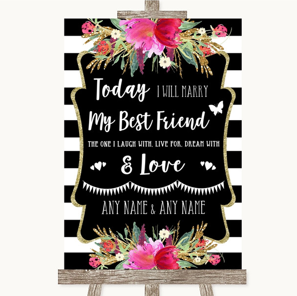 Black & White Stripes Pink Today I Marry My Best Friend Wedding Sign