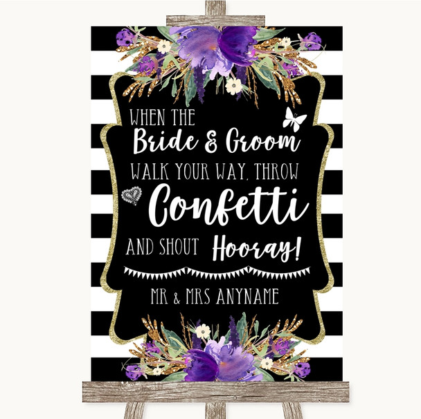 Black & White Stripes Purple Confetti Customised Wedding Sign