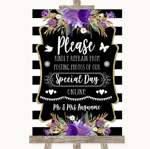 Black & White Stripes Purple Don't Post Photos Online Social Media Wedding Sign