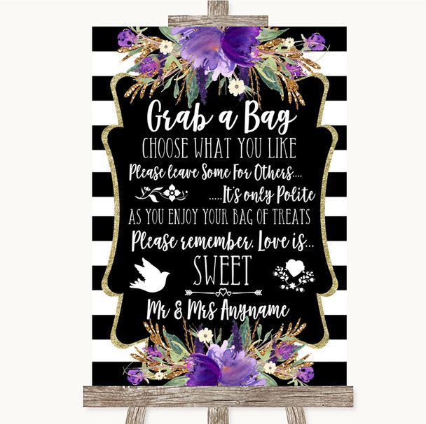 Black & White Stripes Purple Grab A Bag Candy Buffet Cart Sweets Wedding Sign
