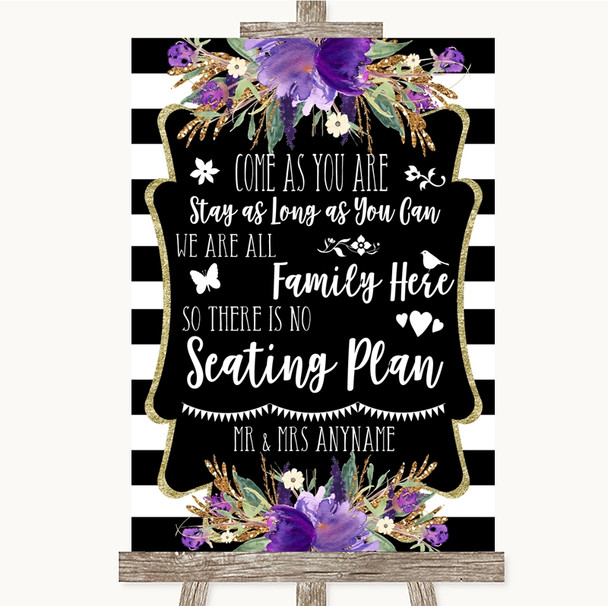 Black & White Stripes Purple All Family No Seating Plan Wedding Sign