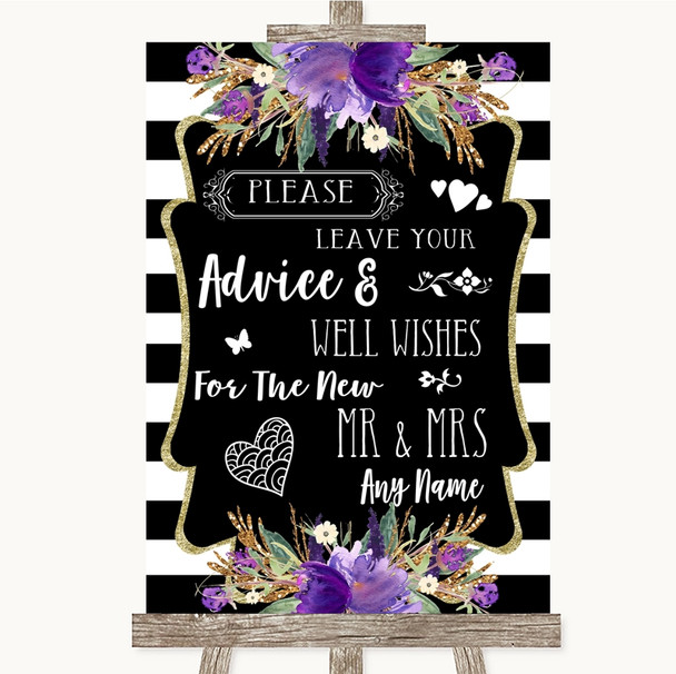 Black & White Stripes Purple Guestbook Advice & Wishes Mr & Mrs Wedding Sign