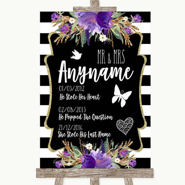 Black & White Stripes Purple Important Special Dates Customised Wedding Sign