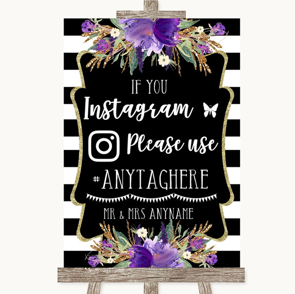 Black & White Stripes Purple Instagram Hashtag Customised Wedding Sign