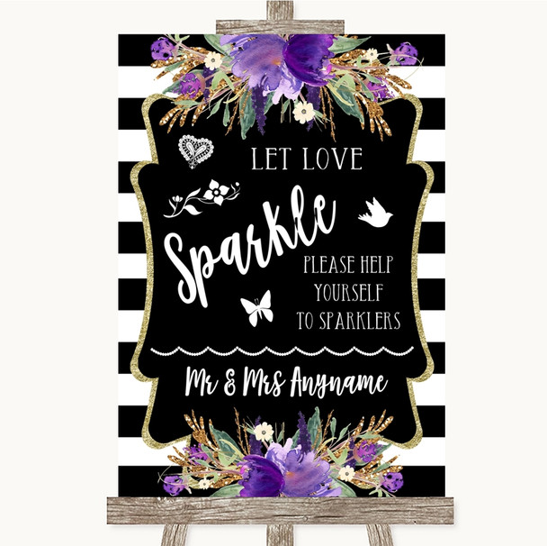 Black & White Stripes Purple Let Love Sparkle Sparkler Send Off Wedding Sign