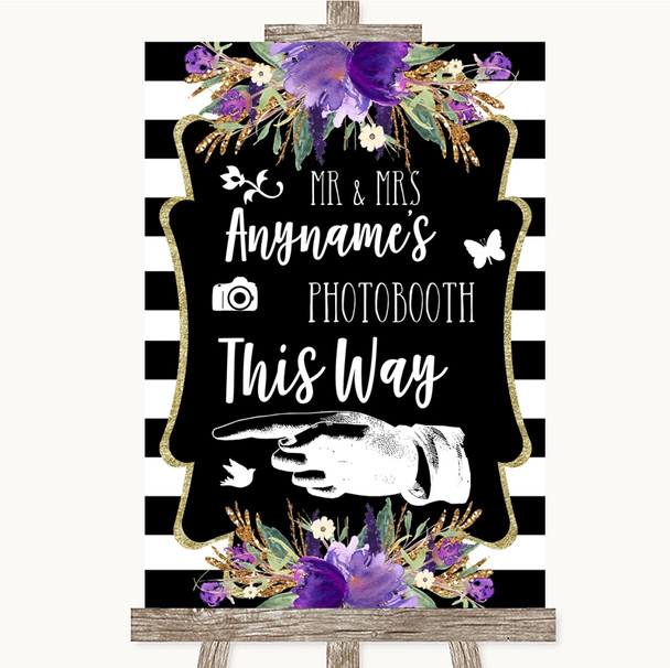 Black & White Stripes Purple Photobooth This Way Left Customised Wedding Sign