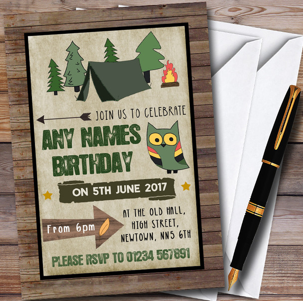 Wood Background Camping Customised Children's Party Invitations