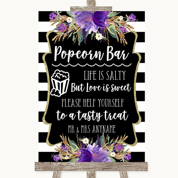 Black & White Stripes Purple Popcorn Bar Customised Wedding Sign