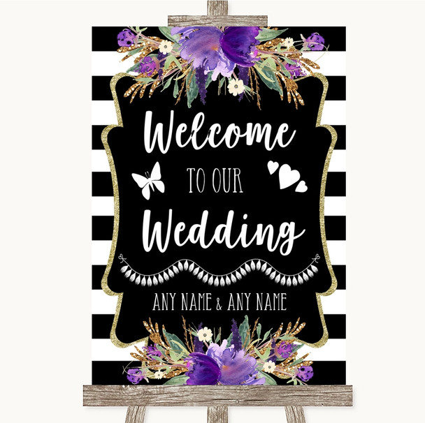 Black & White Stripes Purple Welcome To Our Wedding Customised Wedding Sign