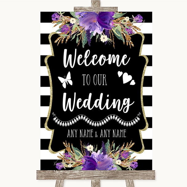 Black & White Stripes Purple Welcome To Our Wedding Customised Wedding Sign