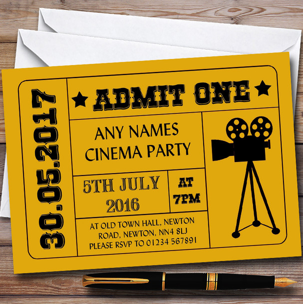 Golden Yellow Admit One Movie Film Cinema Children's Birthday Party Invitations