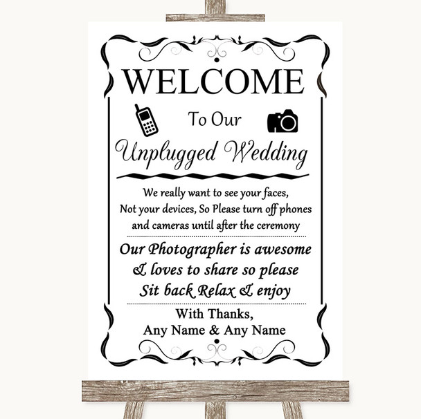 Black & White No Phone Camera Unplugged Customised Wedding Sign