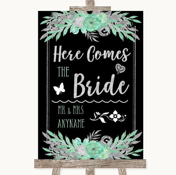 Black Mint Green & Silver Here Comes Bride Aisle Customised Wedding Sign