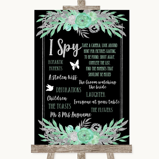 Black Mint Green & Silver I Spy Disposable Camera Customised Wedding Sign