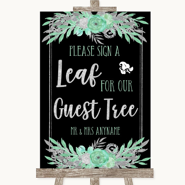 Black Mint Green & Silver Guest Tree Leaf Customised Wedding Sign