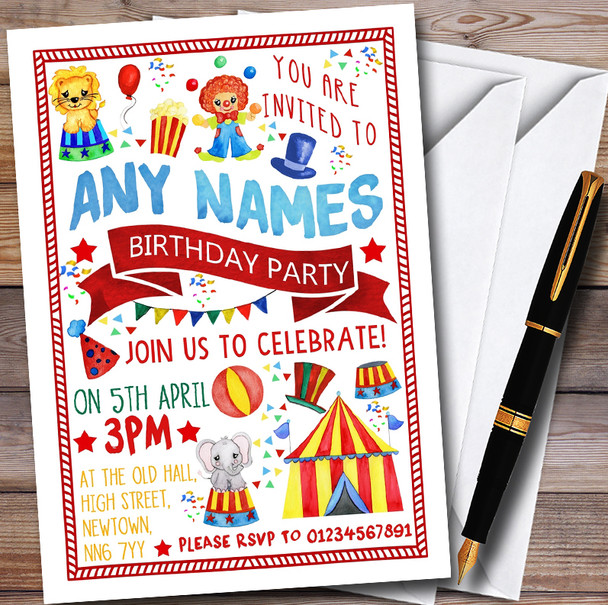 Kids Circus Carnival Clown Customised Children's Birthday Party Invitations