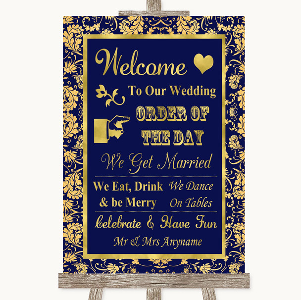 Blue & Gold Welcome Order Of The Day Customised Wedding Sign