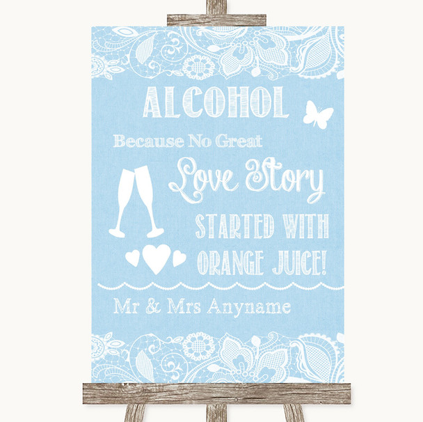 Blue Burlap & Lace Alcohol Bar Love Story Customised Wedding Sign