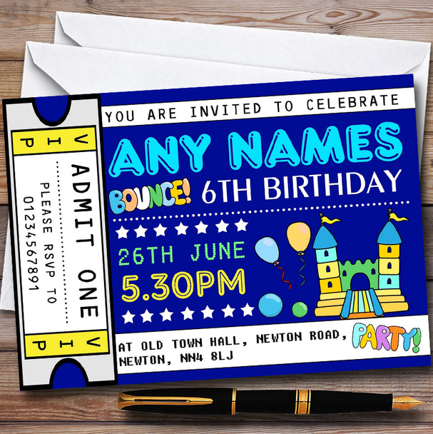 Blue Bouncy Castle Ticket Customised Children's Birthday Party Invitations