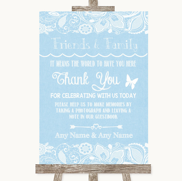 Blue Burlap & Lace Photo Guestbook Friends & Family Customised Wedding Sign