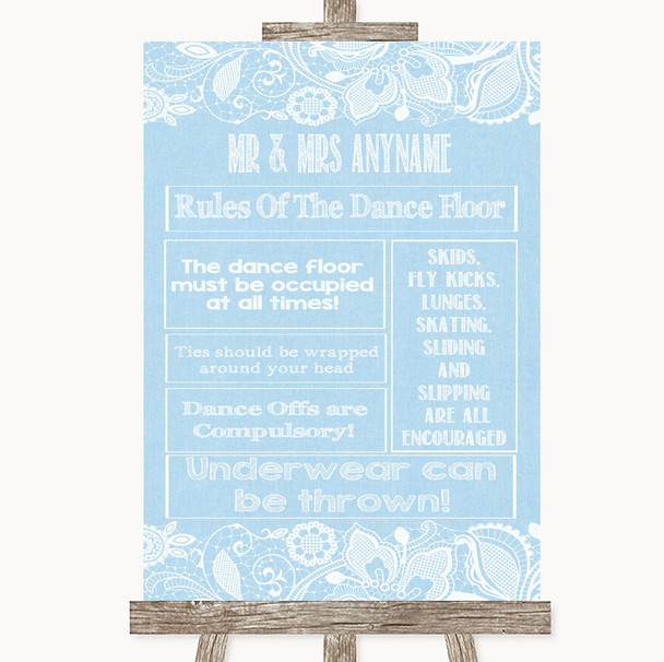 Blue Burlap & Lace Rules Of The Dance Floor Customised Wedding Sign