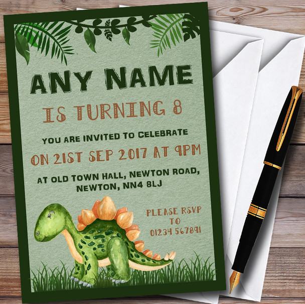 Cute Watercolour Dinosaur Customised Children's Birthday Party Invitations