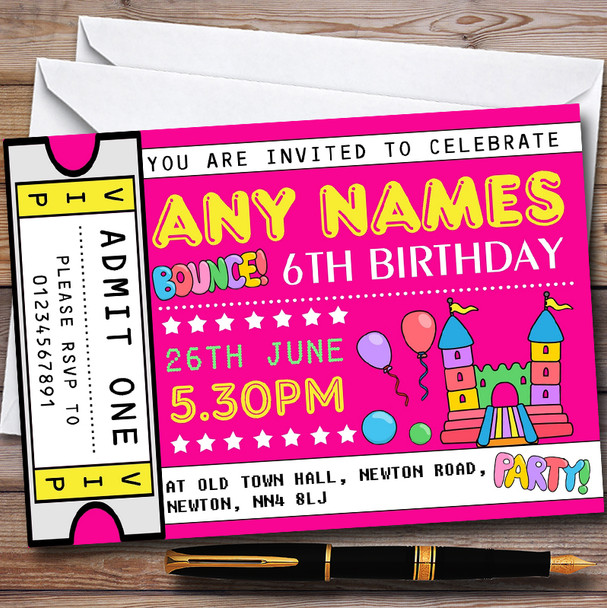 Pink Bouncy Castle Ticket Customised Children's Birthday Party Invitations