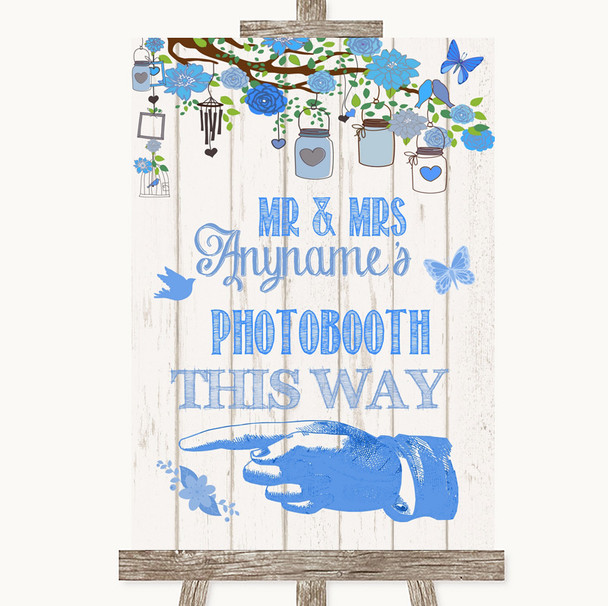 Blue Rustic Wood Photobooth This Way Left Customised Wedding Sign