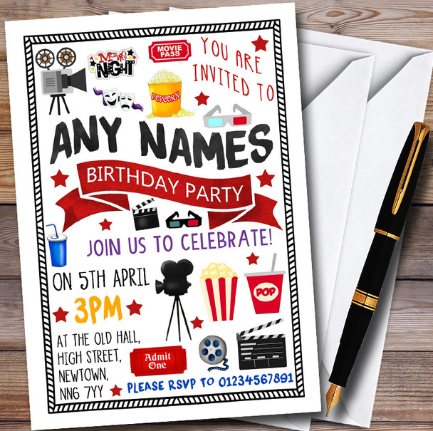 Cinema Film Movie Night Customised Children's Birthday Party Invitations