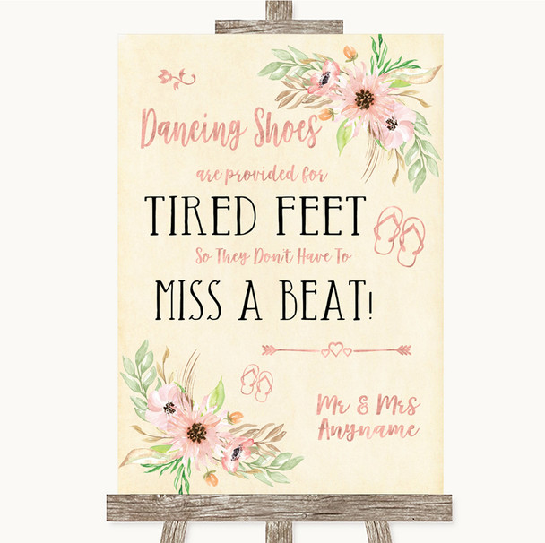 Blush Peach Floral Dancing Shoes Flip-Flop Tired Feet Customised Wedding Sign