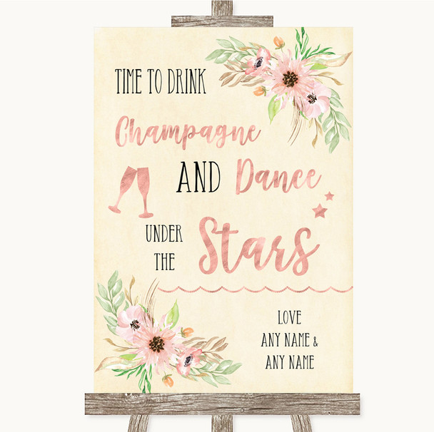Blush Peach Floral Drink Champagne Dance Stars Customised Wedding Sign