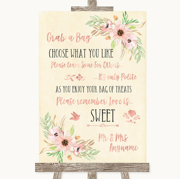 Blush Peach Floral Grab A Bag Candy Buffet Cart Sweets Customised Wedding Sign