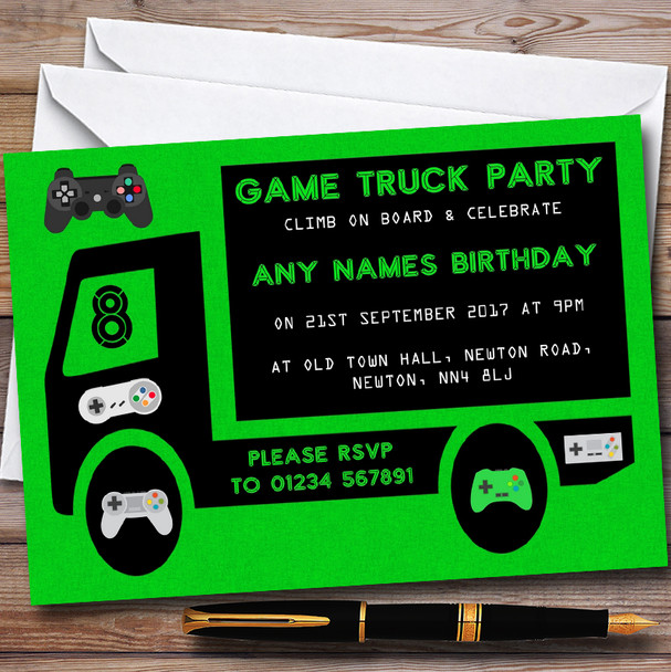 Green Game Truck Gaming Customised Children's Birthday Party Invitations