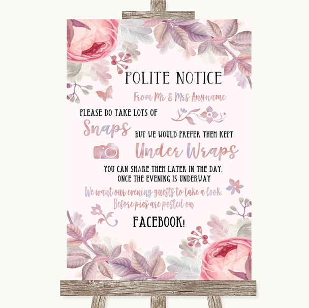 Blush Rose Gold & Lilac Don't Post Photos Facebook Customised Wedding Sign
