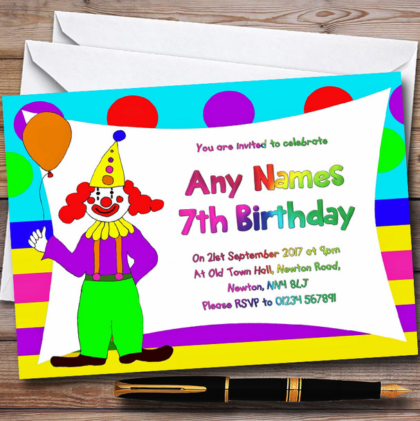 Bright Colourful Clown Customised Children's Birthday Party Invitations