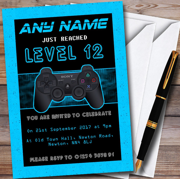 Video Game Gaming Blue Customised Children's Birthday Party Invitations