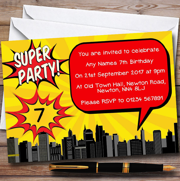 Yellow Comic Superhero Customised Children's Birthday Party Invitations