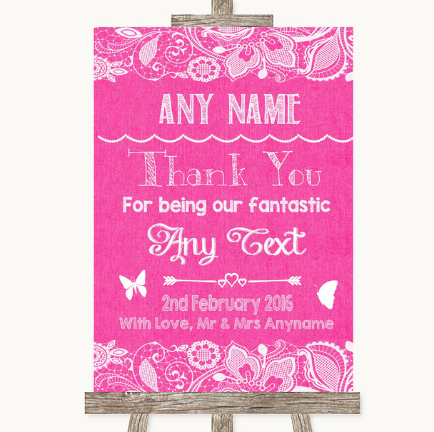 Bright Pink Burlap & Lace Thank You Bridesmaid Page Boy Best Man Wedding Sign