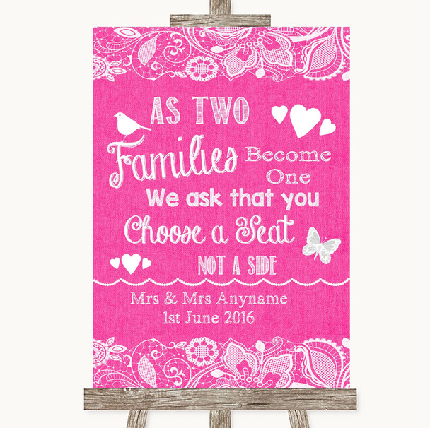 Bright Pink Burlap & Lace As Families Become One Seating Plan Wedding Sign