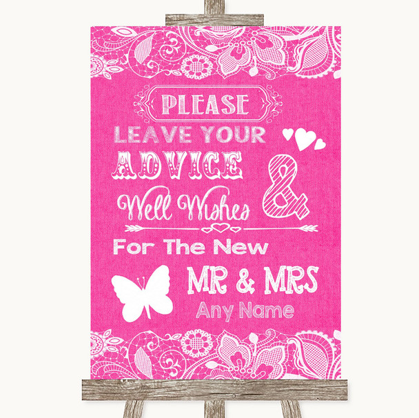 Bright Pink Burlap & Lace Guestbook Advice & Wishes Mr & Mrs Wedding Sign