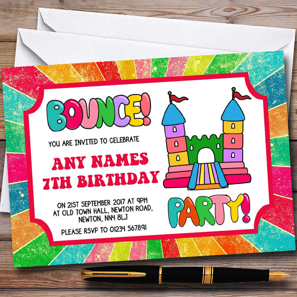 Rainbow Bouncy Castle Customised Children's Birthday Party Invitations